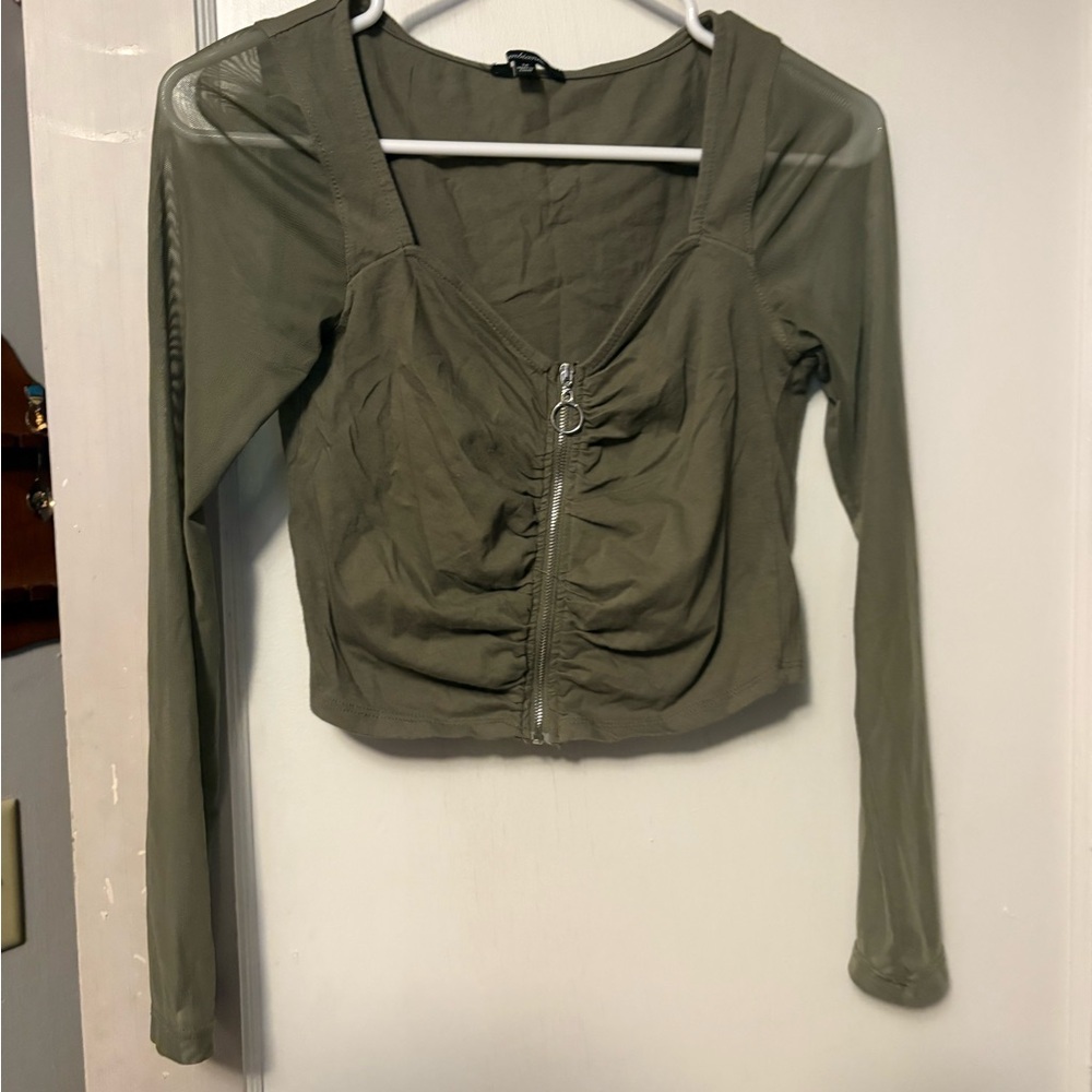 Olive green mesh top with zipper